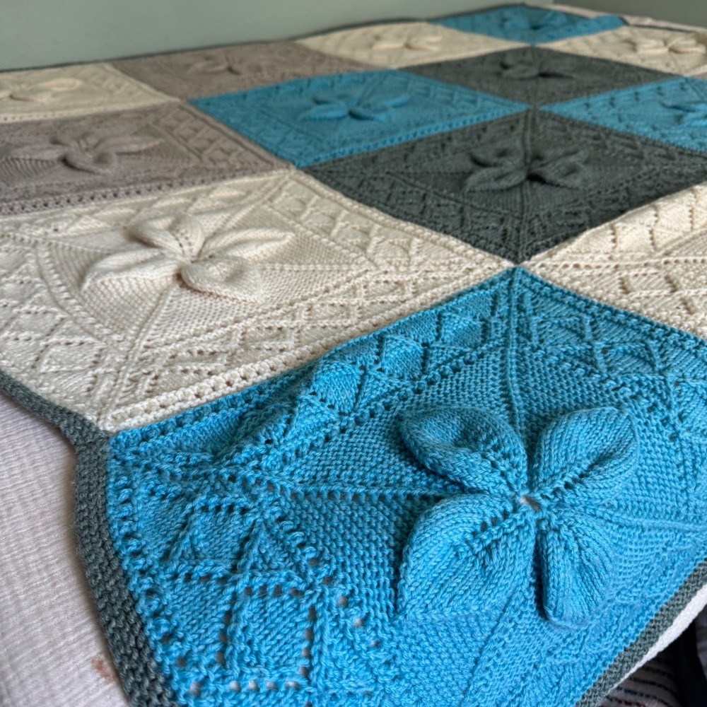 Handmade Knit Throw Blanket 66x66 Blue Grey Cream 3D Floral Granny Square SOFT! - Picture 3 of 13